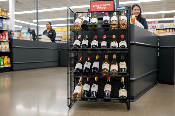 a small wire metal retail wine rack placed at the end of an isle near checkout 