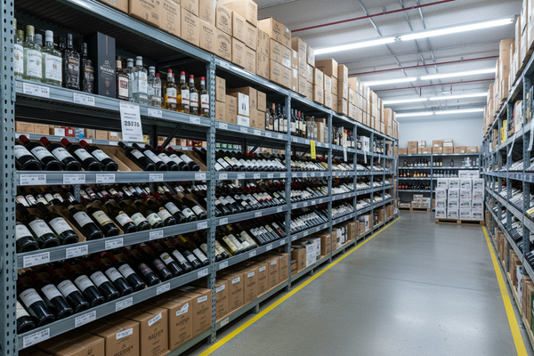 an image of back of house storage racks in a wine and liquor store