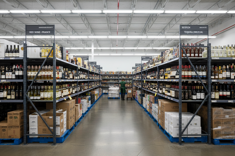 back room storage shelving system of retail liquor store