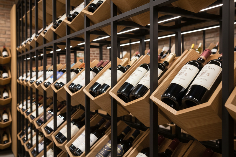 close up shot of retail wine bottle organization system